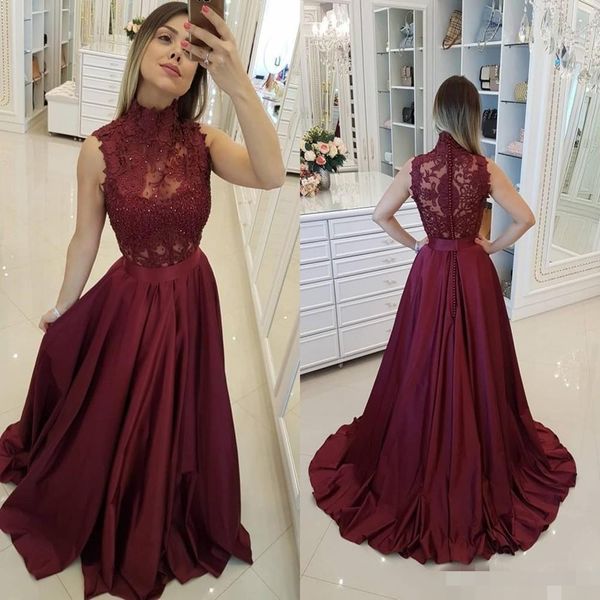 burgundy high neck prom dresses lace applique sleeveless illusion beaded satin sweep train covered buttons evening gown formal occasion wear, Black
burgundy high neck prom dresses lace applique sleeveless illusion beaded satin sweep train covered buttons evening gown formal occasion wear, Black