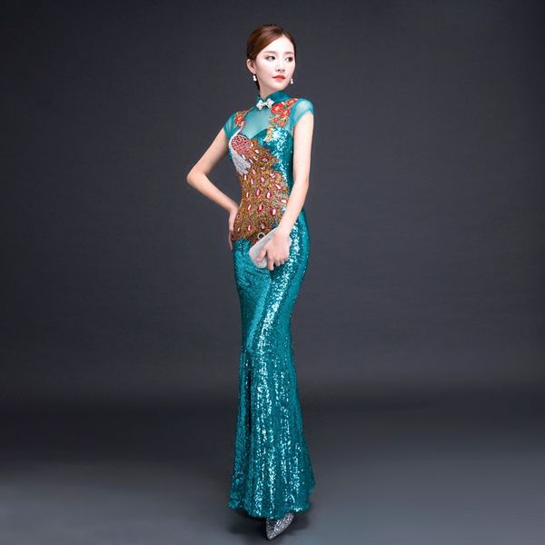 peacock embroidery sequins chinese style long cheongsam slim party evening dress stage dance dressing qipao vestidos, Red
peacock embroidery sequins chinese style long cheongsam slim party evening dress stage dance dressing qipao vestidos, Red