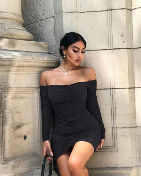 club ladies dress summer pleated designer slash neck clothes womens solid color bodycon dresses fashion, White;black
club ladies dress summer pleated designer slash neck clothes womens solid color bodycon dresses fashion, White;black