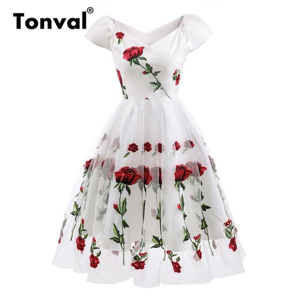 tonval rose flower embroidery v neck elegant dress pleated mesh overlay floral white dresses women vintage style party dress, Black;gray
tonval rose flower embroidery v neck elegant dress pleated mesh overlay floral white dresses women vintage style party dress, Black;gray