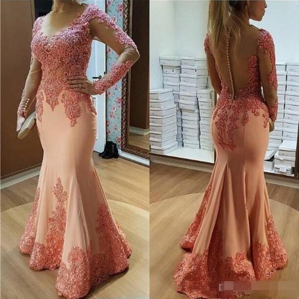 nude pink long sleeves mermaid prom dresses sheer neck scoop neck lace applique beaded illusion back african formal evening party gowns, Black
nude pink long sleeves mermaid prom dresses sheer neck scoop neck lace applique beaded illusion back african formal evening party gowns, Black