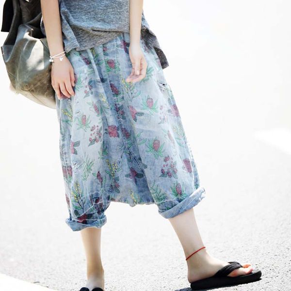 women jeans loose casual denim pants wash pockets printing flowers vintage 3/4 length baggy trousers wide leg elastic waist ysbs, Blue
women jeans loose casual denim pants wash pockets printing flowers vintage 3/4 length baggy trousers wide leg elastic waist ysbs, Blue