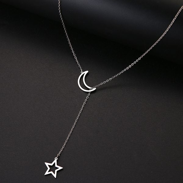 new brand women necklaces double pendant long chain moon star stainless steel necklace jewelry female's party trendy statement for girl, Silver 
new brand women necklaces double pendant long chain moon star stainless steel necklace jewelry female's party trendy statement for girl, Silver
