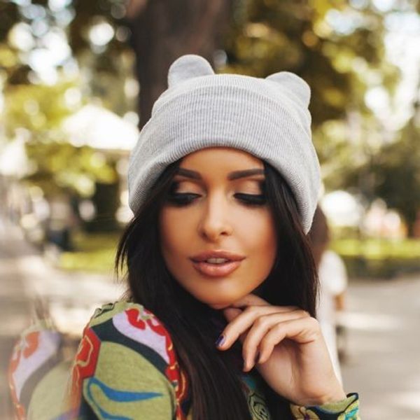 new cute warm skullies cap hat women devil horns mouse ear cute crochet braided knit beanie ski wool, Blue;gray