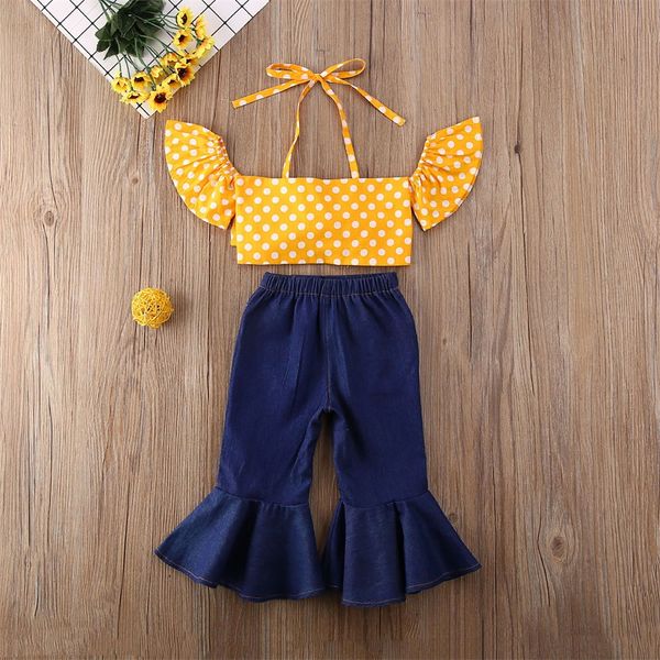 1-6y infant kids baby girls clothes sets polka dot off shoulder belt t shirts +denim blue flare pants holiday summer outfits, White
1-6y infant kids baby girls clothes sets polka dot off shoulder belt t shirts +denim blue flare pants holiday summer outfits, White
