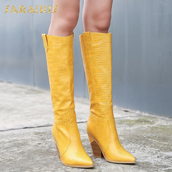 2019 plus size 46 fashion comfortable chunky high heels knee-high boots women's shoes western boots shoes woman, Black