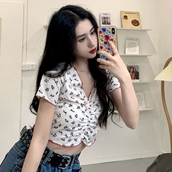 2020 summer dress t-shirt bm wind flower v-neck short t-shirt female design sense slim short sleeve fashion, White