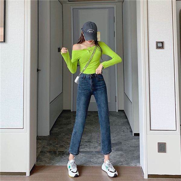 dark blue female straight loose jeans haroun pants