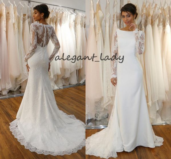 modern mermaid wedding dresses with long sleeve 2019 lace stain jewel neck covered button sweep train country boho wedding gown, White
modern mermaid wedding dresses with long sleeve 2019 lace stain jewel neck covered button sweep train country boho wedding gown, White