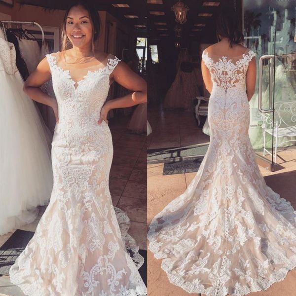 retro lace mermaid wedding dresses champagne lining sheer neck cap sleeve bridal gowns back covered buttons sweep train wedding vestidos, White
retro lace mermaid wedding dresses champagne lining sheer neck cap sleeve bridal gowns back covered buttons sweep train wedding vestidos, White