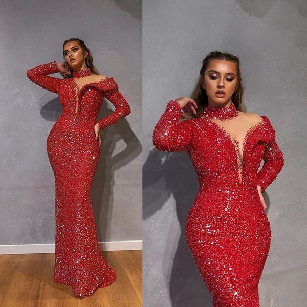 sparkly red mermaid prom dresses high neck beaded sequins long sleeves evening gown ruffles sweep train custom made formal party gowns, Black;red
sparkly red mermaid prom dresses high neck beaded sequins long sleeves evening gown ruffles sweep train custom made formal party gowns, Black;red