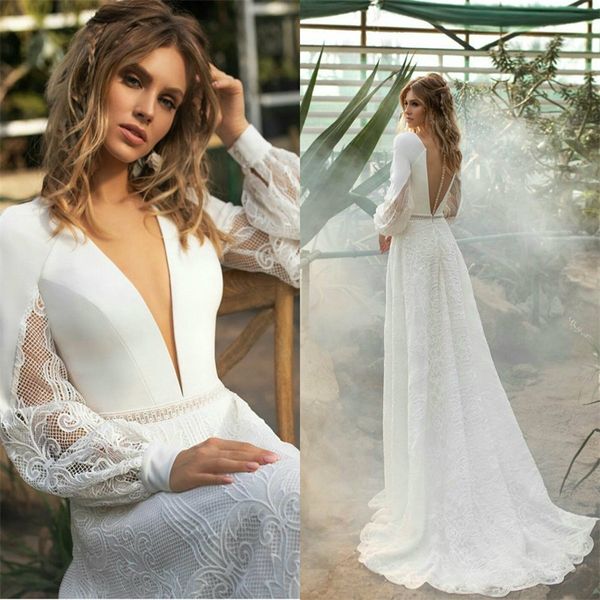 elegant a-line wedding dresses v-neck long sleeve appliqued lace ruched satin wedding gown custom made sweep train bridal gown, White
elegant a-line wedding dresses v-neck long sleeve appliqued lace ruched satin wedding gown custom made sweep train bridal gown, White