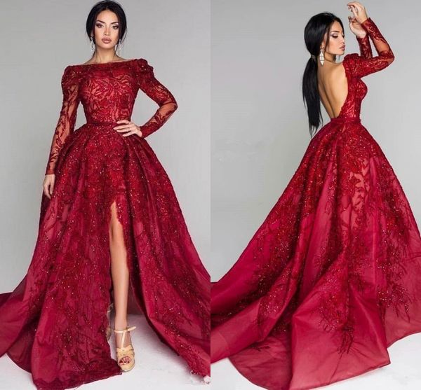 sparkly long sleeve ball gown evening dresses front split backless bateau prom dresses lace appliques beaded vestode de fiesta, Black;red
sparkly long sleeve ball gown evening dresses front split backless bateau prom dresses lace appliques beaded vestode de fiesta, Black;red