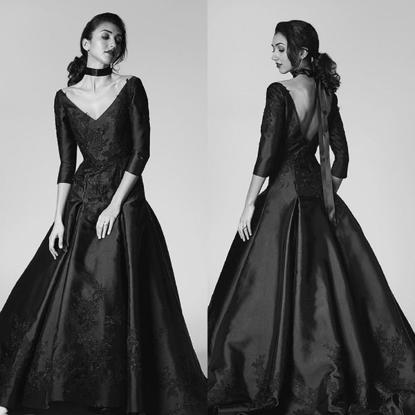 black a line evening dresses v neck 1/2 sleeve appliques beads satin sheath prom dress sweep train robes de soirée, Black;red
black a line evening dresses v neck 1/2 sleeve appliques beads satin sheath prom dress sweep train robes de soirée, Black;red