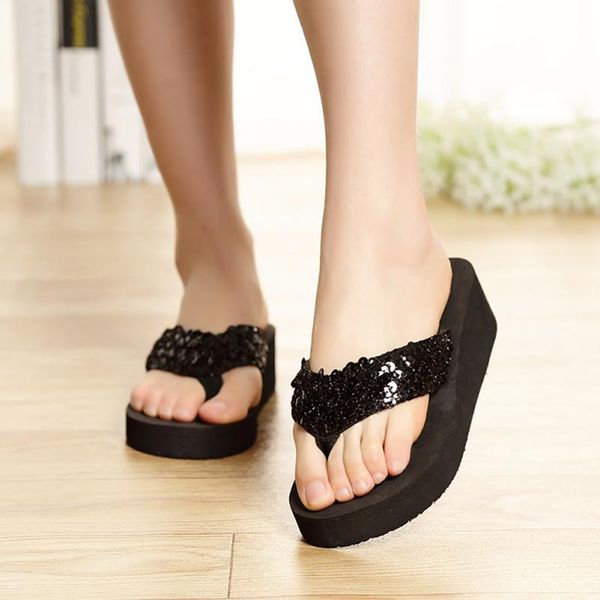 2018 1pair comfortable summer soft women wedge sandals sequin thong mid heels platform slippers, Black
2018 1pair comfortable summer soft women wedge sandals sequin thong mid heels platform slippers, Black