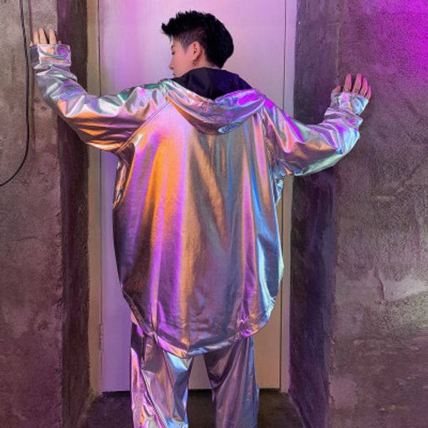 hip hop silver metallic hooded casual jacket loosen heap disco dance stage costumes, Black
hip hop silver metallic hooded casual jacket loosen heap disco dance stage costumes, Black