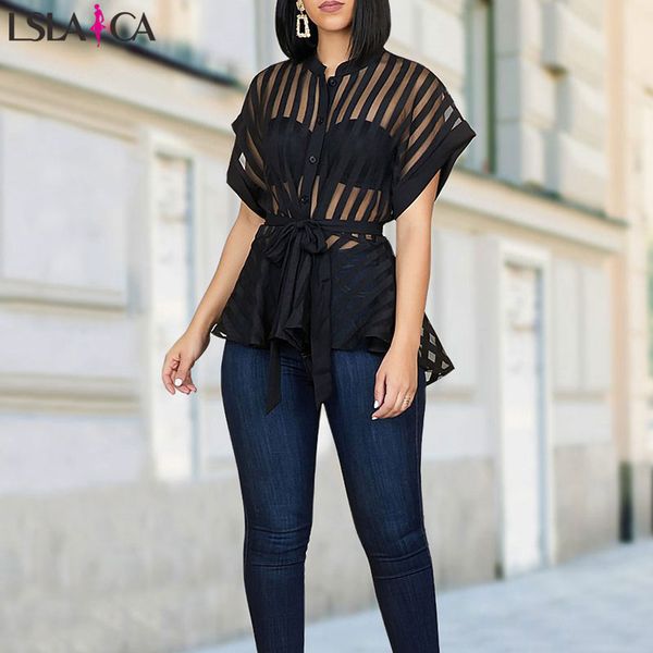 women blouse shirt black striped patchwork see through blouses buttoned tied waist shirt short sleeve streetwear ladie, White
women blouse shirt black striped patchwork see through blouses buttoned tied waist shirt short sleeve streetwear ladie, White