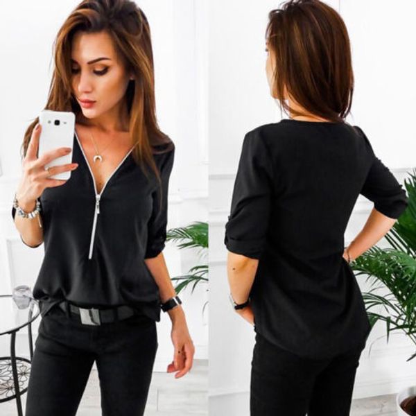 2018 fashion women t-shirt autumn summer shirt loose v-neck long sleeve zipper streetwear, White
2018 fashion women t-shirt autumn summer shirt loose v-neck long sleeve zipper streetwear, White