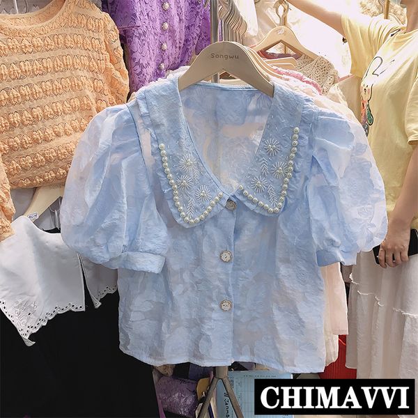 female shirt 2020 summer new puffed sleeves pearl bead doll collar embroidery shirt women sweet blouses, White
female shirt 2020 summer new puffed sleeves pearl bead doll collar embroidery shirt women sweet blouses, White