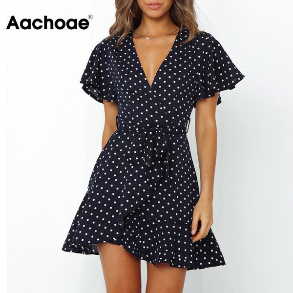 aachoae summer a line polka dot dress women ruffled short sleeve boho beach dress ladies casual v neck mini dresses robe femme, White;black 
aachoae summer a line polka dot dress women ruffled short sleeve boho beach dress ladies casual v neck mini dresses robe femme, White;black