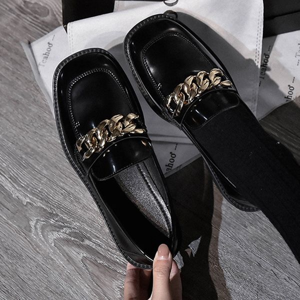 british metal chains square toe oxfords woman flats zapatos de mujer slip on heels brogue shoes women loafers 2020, Black