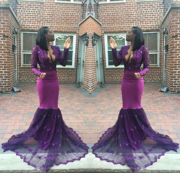 2019 New Sexy V Neck Purple Evening Dresses Lace Appliques Beads Long Sleeves Mermaid Prom Dresses For Black Girls Party Wear
2019 New Sexy V Neck Purple Evening Dresses Lace Appliques Beads Long Sleeves Mermaid Prom Dresses For Black Girls Party Wear