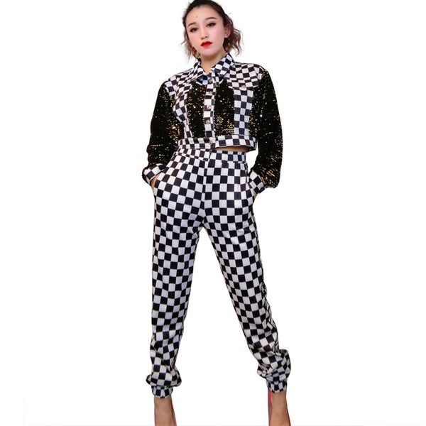 women hip hop costumes stage outfit black and white plaid jacket pants adults street dance clothing jazz performance wear dt1739, Black;red
women hip hop costumes stage outfit black and white plaid jacket pants adults street dance clothing jazz performance wear dt1739, Black;red