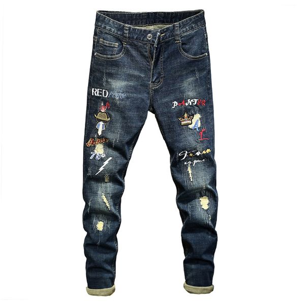 sokotoo men's character letters embroidery denim jeans fashion slim blue holes ripped stretch pants
sokotoo men's character letters embroidery denim jeans fashion slim blue holes ripped stretch pants