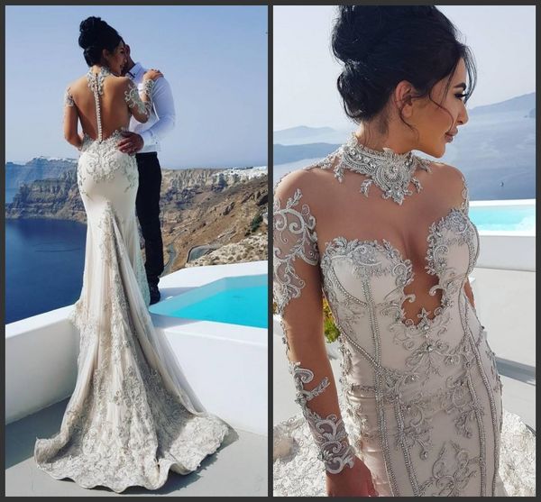 2019 new lace mermaid wedding dresses beaded neck covered button back long sleeves sweep train sheath beach long bridal gown, White
2019 new lace mermaid wedding dresses beaded neck covered button back long sleeves sweep train sheath beach long bridal gown, White