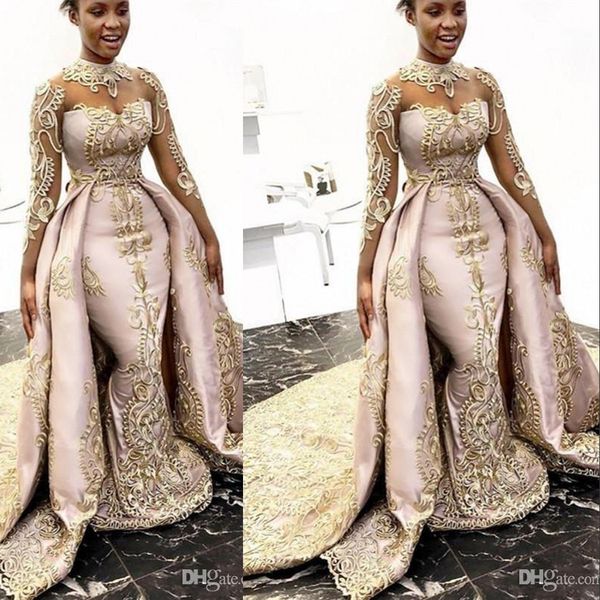 new dubai satin mermaid prom dresses high neck long sleeves lace appliques detachable train overskirts formal evening dresses wear, Black
new dubai satin mermaid prom dresses high neck long sleeves lace appliques detachable train overskirts formal evening dresses wear, Black