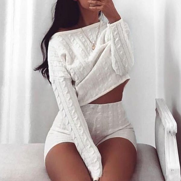 two piece dress cysincos sweater set knitted long sleeve crop + bodycon shorts suit winter warm 2 women outfits, White
two piece dress cysincos sweater set knitted long sleeve crop + bodycon shorts suit winter warm 2 women outfits, White