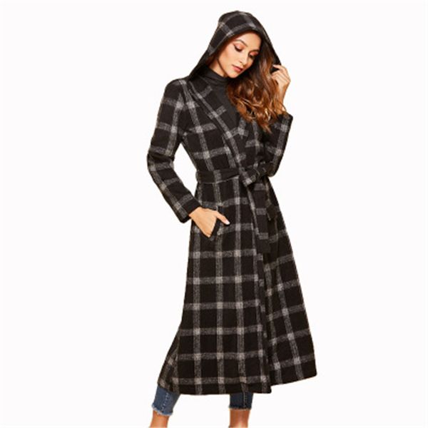 mid-length woolen plaid coat women 2020 spring autumn fashion new plaid brushed hooded belt slim-fit coat tide h00997, Black 
mid-length woolen plaid coat women 2020 spring autumn fashion new plaid brushed hooded belt slim-fit coat tide h00997, Black