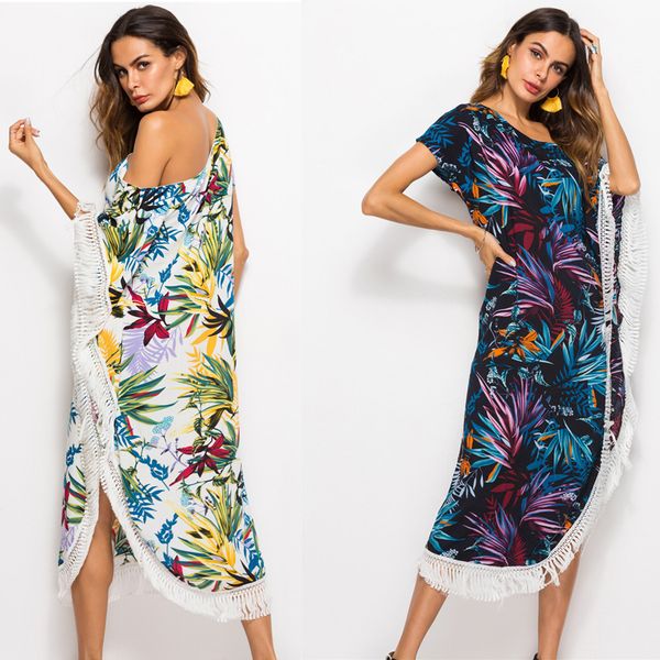 shoulderless dresses printed robes asymmetrical tassel flower contrast color short sleeve hunting wind loose waist low back 23, White
shoulderless dresses printed robes asymmetrical tassel flower contrast color short sleeve hunting wind loose waist low back 23, White
