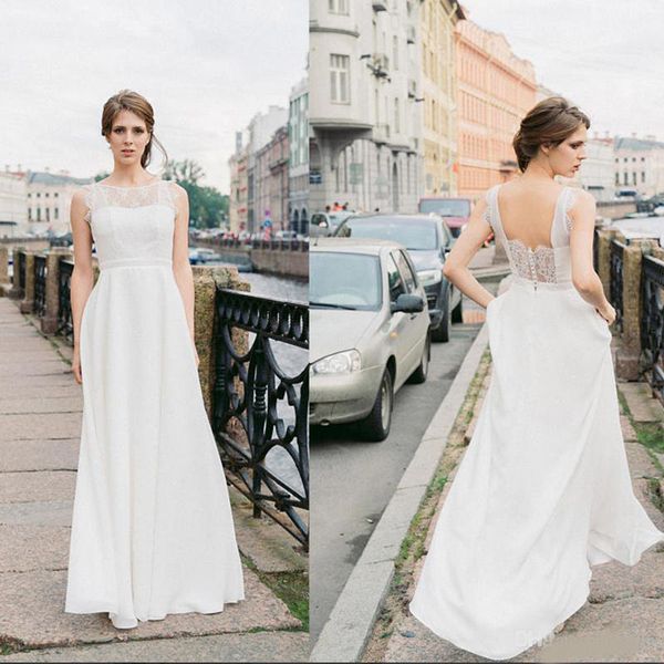elegant lace a line wedding dress simple sleeveless covered button backless floor length chiffon bridal dress, White
elegant lace a line wedding dress simple sleeveless covered button backless floor length chiffon bridal dress, White