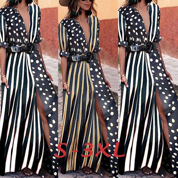 women summer half sleeve v-neck dot striped long dress ladies split party beach dresses, Black;gray
women summer half sleeve v-neck dot striped long dress ladies split party beach dresses, Black;gray