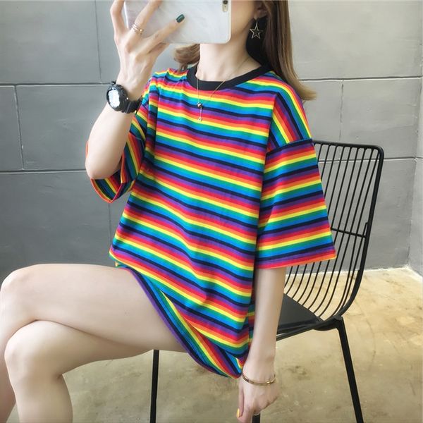 2020 large size dress women's dress rainbow striped t-shirt super fire ins short sleeve t-shirt fashion, White
2020 large size dress women's dress rainbow striped t-shirt super fire ins short sleeve t-shirt fashion, White