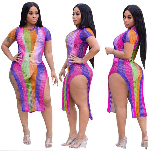 2019 summer women rainbow stripes print bodycon dress short sleeve side split midi dress gauze see though sexy, Black;gray
2019 summer women rainbow stripes print bodycon dress short sleeve side split midi dress gauze see though sexy, Black;gray