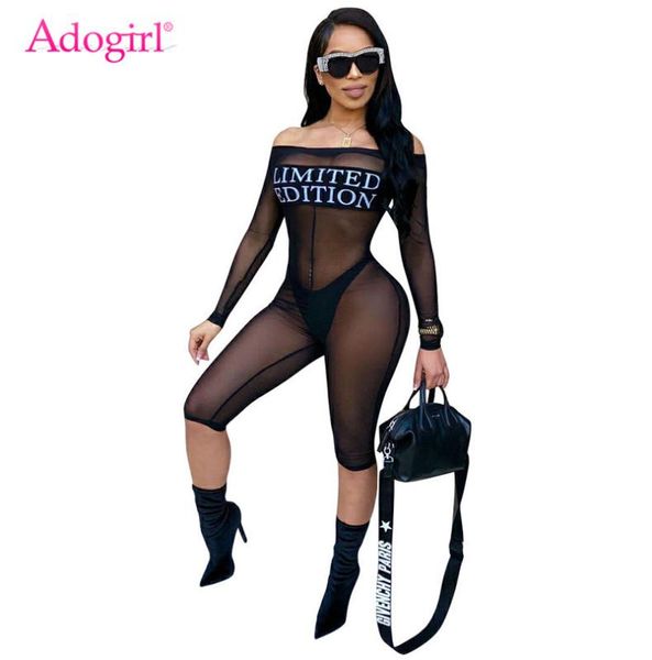 adogirl limited edition letters print sheer mesh jumpsuit off the shoulder long sleeve women rompers knee length pants, Black;white 
adogirl limited edition letters print sheer mesh jumpsuit off the shoulder long sleeve women rompers knee length pants, Black;white