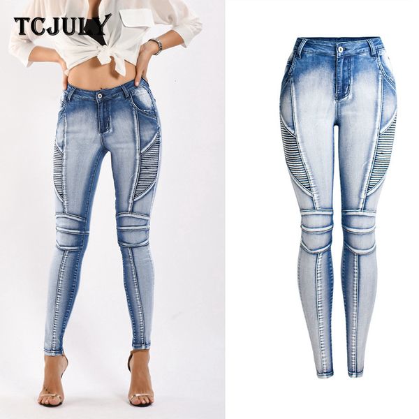 tcjuly locomotive style slim push up jeans woman plus size stretchy bleached denim pencil pants streetwear skinny washed jeans, Blue 
tcjuly locomotive style slim push up jeans woman plus size stretchy bleached denim pencil pants streetwear skinny washed jeans, Blue