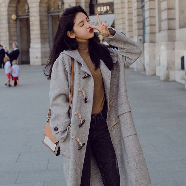 sweet solid hooded women long wool blend coat horn button pockets cashmere jacket wide-waisted full ladies coats, Black
sweet solid hooded women long wool blend coat horn button pockets cashmere jacket wide-waisted full ladies coats, Black