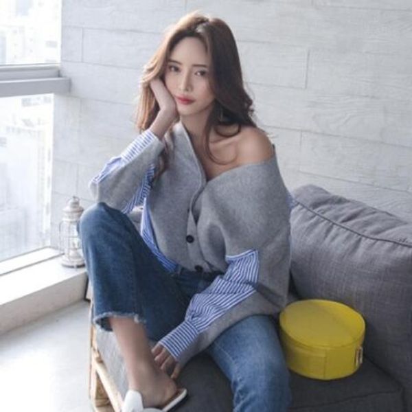 women sweater autumn and winter 2020 new v-neck ladies sweater stripes loose wild women clothing dc472, White
women sweater autumn and winter 2020 new v-neck ladies sweater stripes loose wild women clothing dc472, White