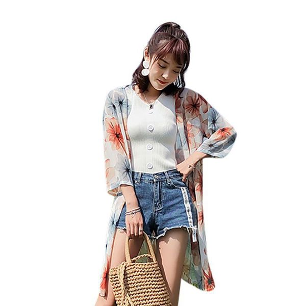 2020 women flower blouses summer kimono cardigan maxi shirts three quarter sleeve summer sunsuits outfits, White 
2020 women flower blouses summer kimono cardigan maxi shirts three quarter sleeve summer sunsuits outfits, White