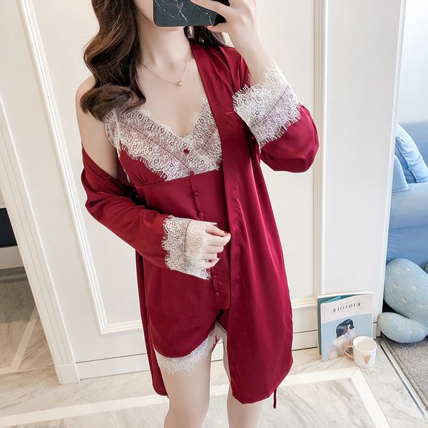 ladies robe pajama set 3 pieces lace bathrobe set summer rayon lace sleepwear nightwear fashon indoor clothing for women, Black;red
ladies robe pajama set 3 pieces lace bathrobe set summer rayon lace sleepwear nightwear fashon indoor clothing for women, Black;red