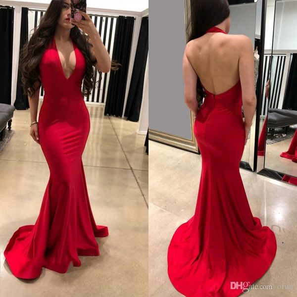 red mermaid prom dresses halter neck satin backless evening gowns sweep train special occasion formal dresses robes de soirée, Black
red mermaid prom dresses halter neck satin backless evening gowns sweep train special occasion formal dresses robes de soirée, Black