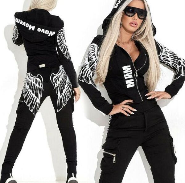 autumn and winter wing print zipper hooded jacket + sports trousers foreign trade new contrast color fashion women's sports and leisure, White
autumn and winter wing print zipper hooded jacket + sports trousers foreign trade new contrast color fashion women's sports and leisure, White
