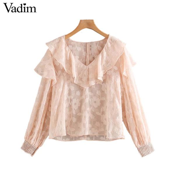 women's blouses & shirts vadim women sweet ruffled floral v neck long sleeve cute female see through chic casual, White
women's blouses & shirts vadim women sweet ruffled floral v neck long sleeve cute female see through chic casual, White