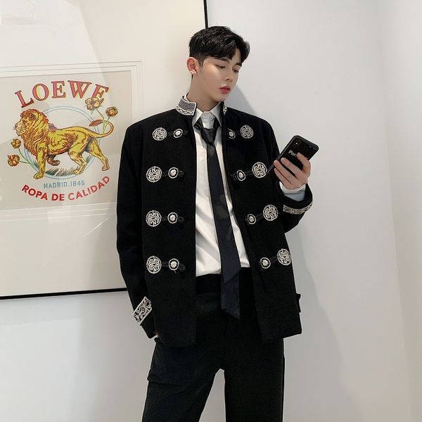 men stand collar vintage embroidery loose casual suit jacket male streetwear hip hop gothic blazer coat outerwear stage clothes, White;black
men stand collar vintage embroidery loose casual suit jacket male streetwear hip hop gothic blazer coat outerwear stage clothes, White;black
