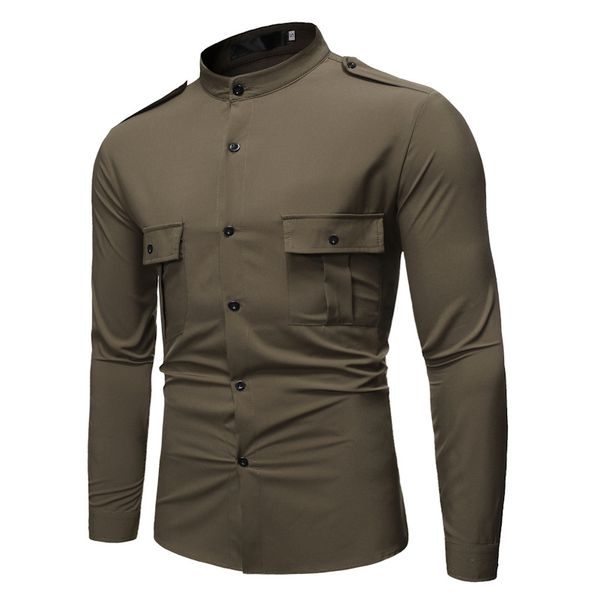 men's stand collar epaulette pocket decoration tooling wind shirt casual long-sleeve dress shirt slim men clothing, White;black
men's stand collar epaulette pocket decoration tooling wind shirt casual long-sleeve dress shirt slim men clothing, White;black