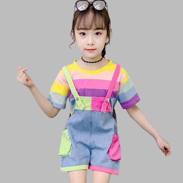 clothing sets teen girls rainbow color summer tshirt + jumpsuit denim costume for girl casual kids, White
clothing sets teen girls rainbow color summer tshirt + jumpsuit denim costume for girl casual kids, White