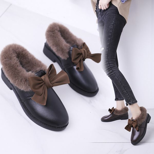 casual small leather shoes, fashionable small leather shoes, long knots, warm and slippery shoes, Black